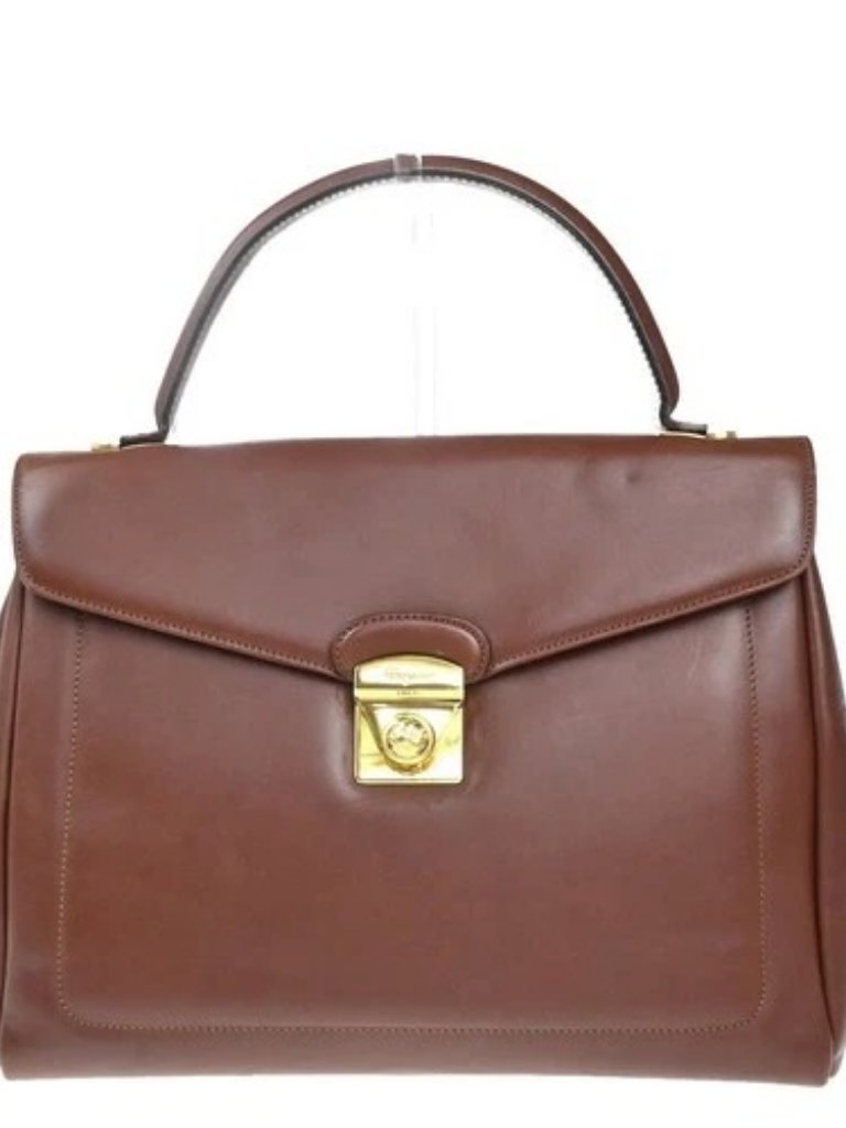 Salvatore Ferragamo Logo Flap Shoulder Hand Bag Leather Brown Ghw Italy 67ma410